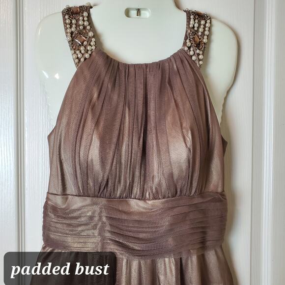 Cachet Sz 6 Beaded Halter Neck Maxi Dress Bronze Metallic Pleated Formal Gown - Picture 9 of 9